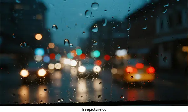 Rainy Night City View Through Wet Window with Blurred Lights