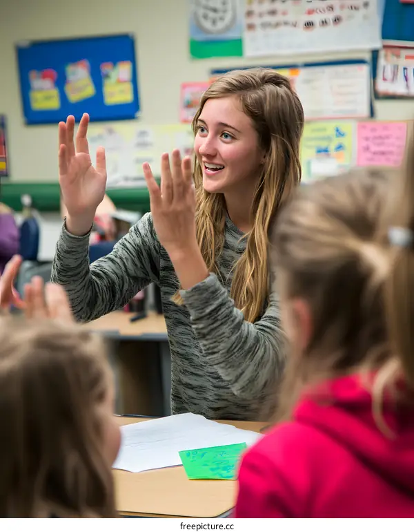 Young Female Student Raises Her Hand in a Classroom
