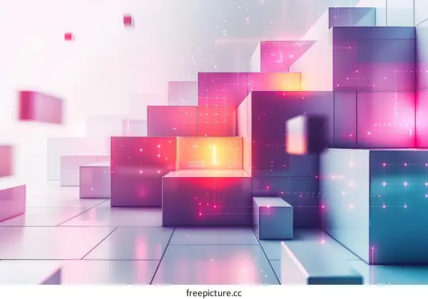 Futuristic cityscape with neon lights and geometric shapes 3D rendering