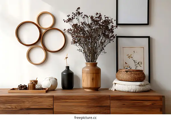 Wooden Decor and Artwork Arrangement on a Wooden Cabinet