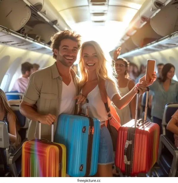Happy couple taking selfie on airplane with friends