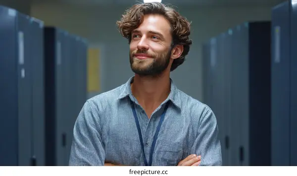 Confident Caucasian Male IT Technician in Server Room