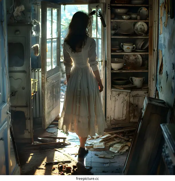 girl in a long white dress standing in a ruined room