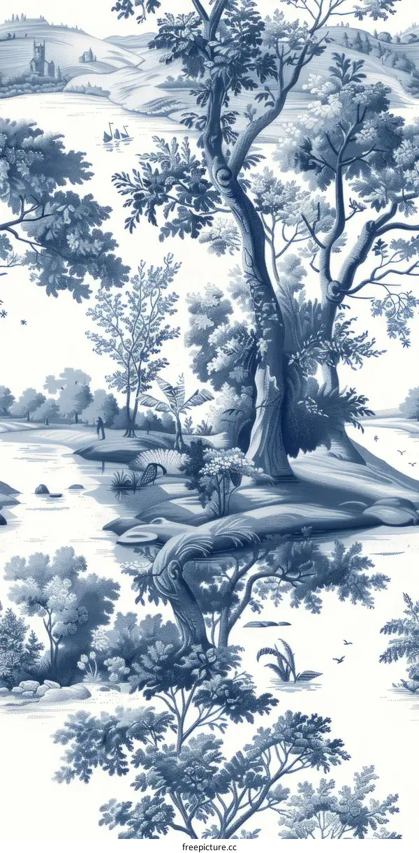 Blue and white toile wallpaper with hunting scene