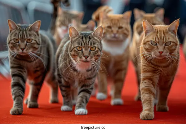 A group of cats walking on a red carpet