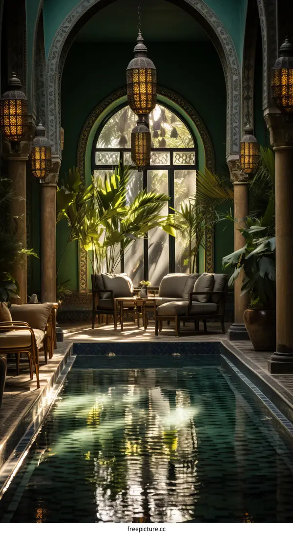 Luxurious Indoor Swimming Pool with Green Walls and Arched Windows