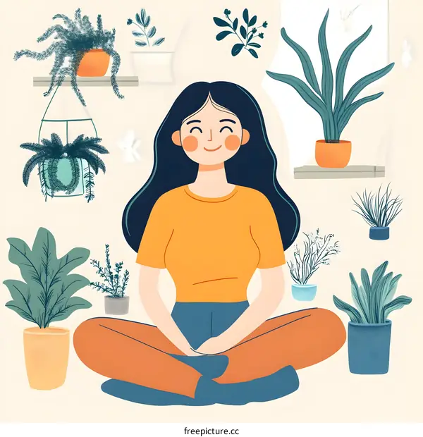 Happy Woman Sitting Among Houseplants