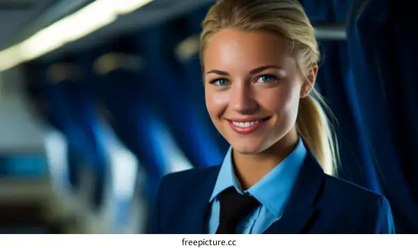 Portrait of a beautiful young stewardess with blonde hair and blue eyes in uniform smiling at the camera