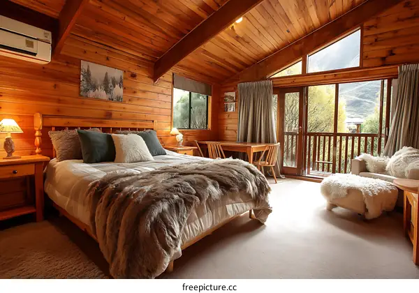 Cozy Wooden Cabin Bedroom with Mountain View
