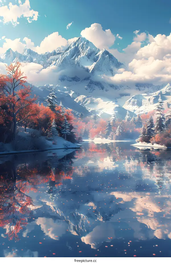 Mountains and lake in autumn and winter