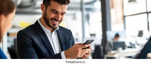 Smiling Businessman Looking at Smartphone in Office