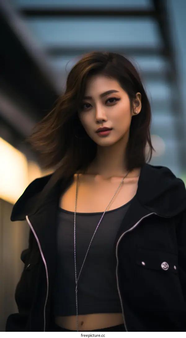 Portrait of a young Asian woman in a black jacket