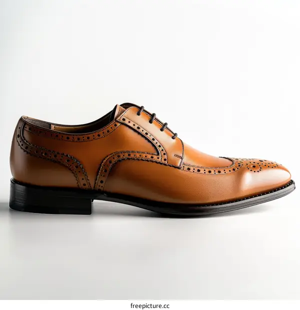 A brown leather dress shoe with black laces and a wingtip design