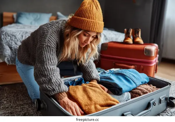 Woman Packing Clothes in Suitcase