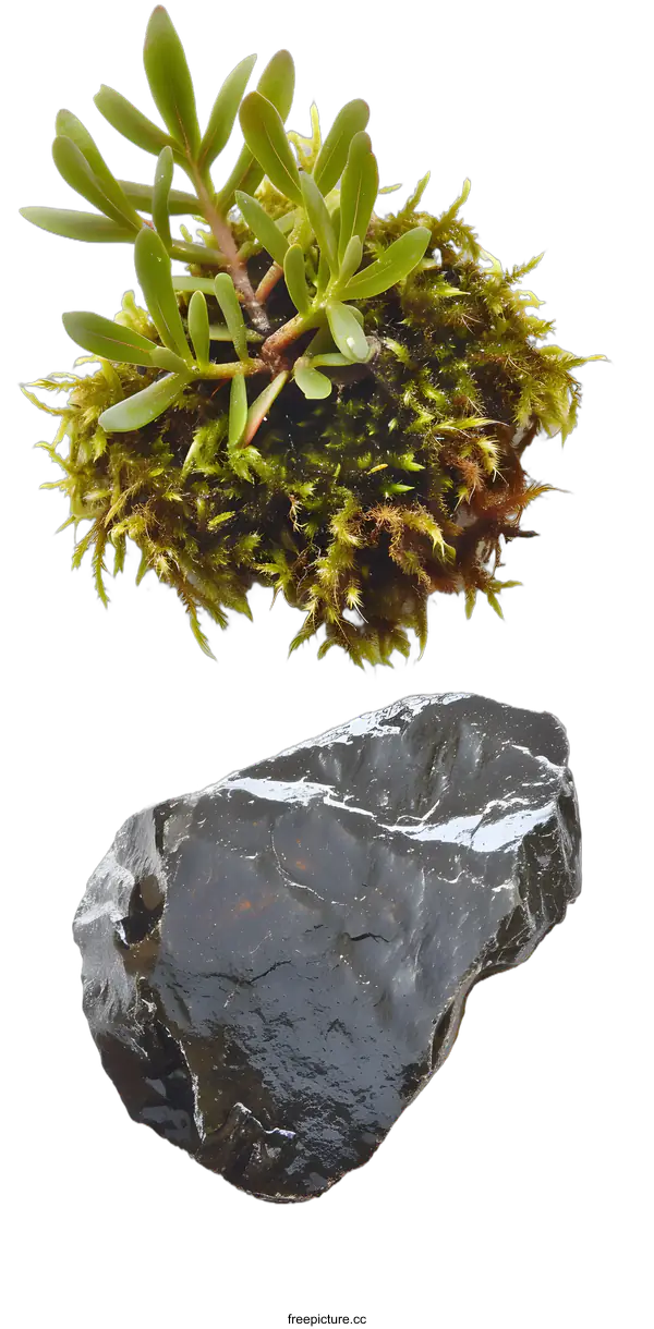 [Transparent Background PNG]Green Plant and Black Obsidian Stone Isolated on White Background