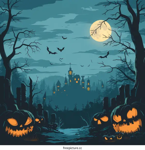 Spooky Halloween night with haunted castle and creepy pumpkins