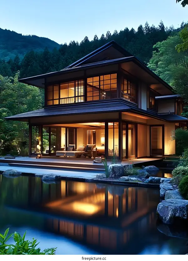Modern Japanese Architecture with a Pool and Mountain Views