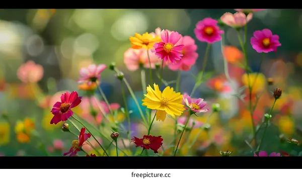 Beautiful Yellow Pink Cosmos Flowers In A Garden