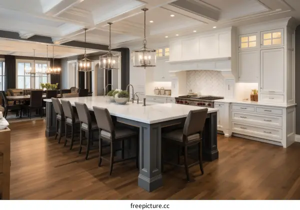 Open concept kitchen with large island and dark wood floors