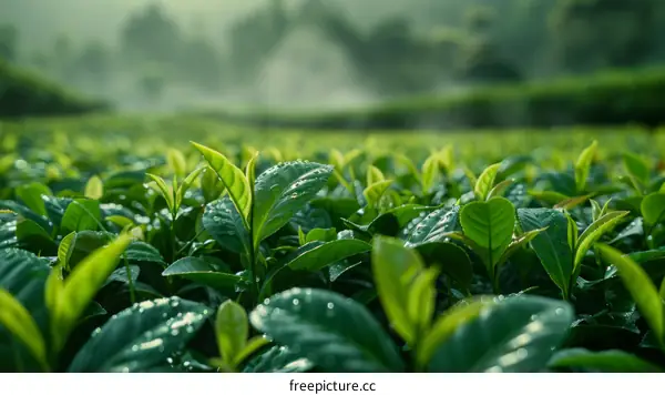 Fresh Green Tea Leaves with Morning Dew in a Plantation