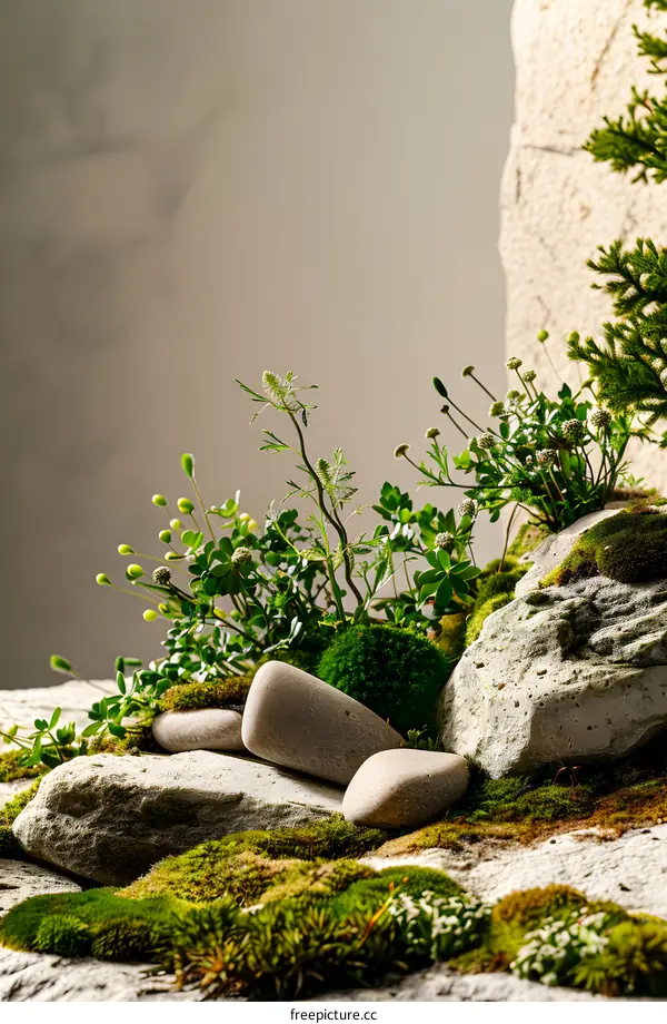 Green Moss and Stone Arrangement