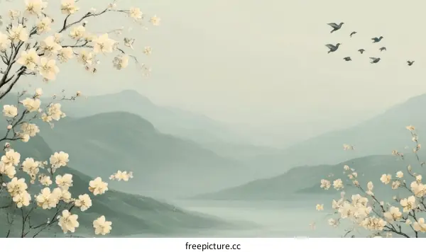 Peaceful Mountain Landscape with Blossoms
