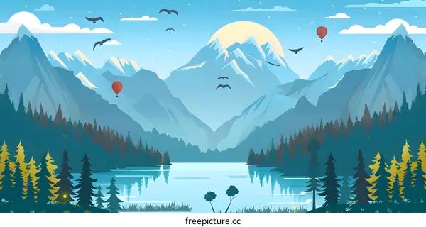Mountain Landscape With Lake And Hot Air Balloons