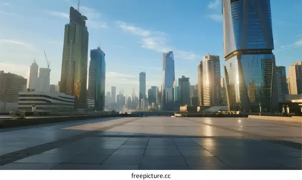 Modern city skyline with tall skyscrapers under clear blue sky
