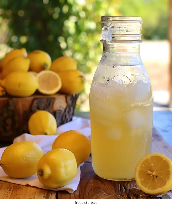 Glass Pitcher of Homemade Lemonade with Lemons and Ice