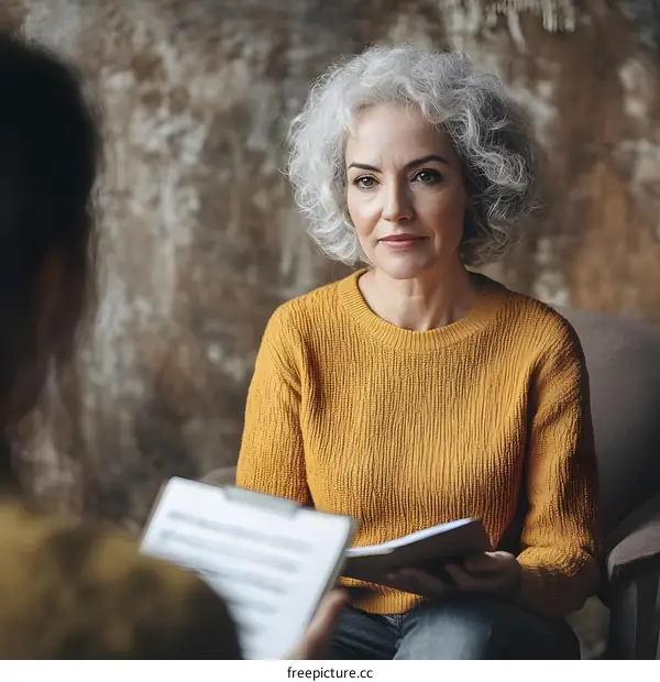 Woman with Grey Hair Listening to Conversation While Holding Notebook