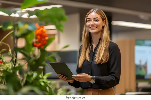 Smiling Woman Holding a Tablet in Modern Office Setting