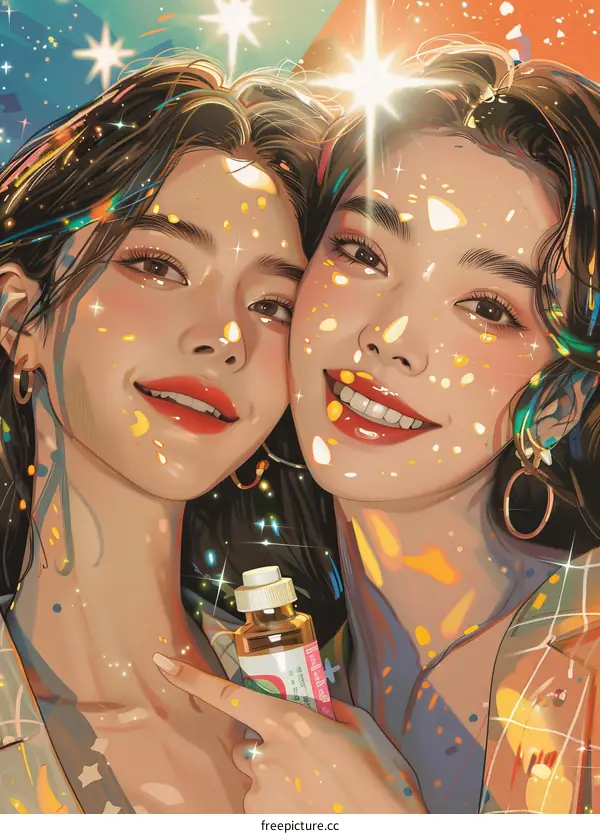 Two Smiling Women With Sparkles Around Their Faces
