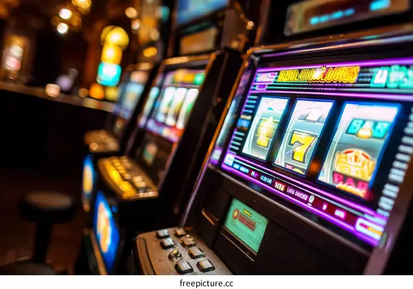 Casino Slot Machines in a Dark Interior