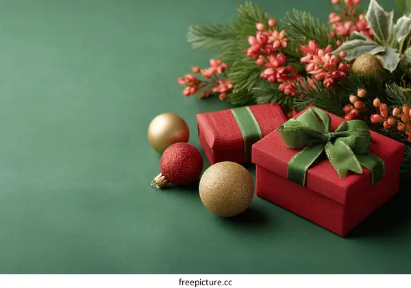 Christmas Gift Boxes on Green Background