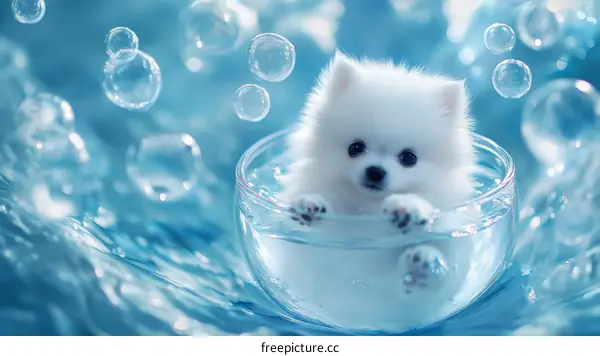 Adorable Puppy in a Glass Bowl with Bubbles