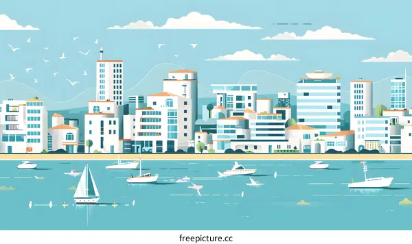 Seascape Illustration with Modern City Skyline and Boats