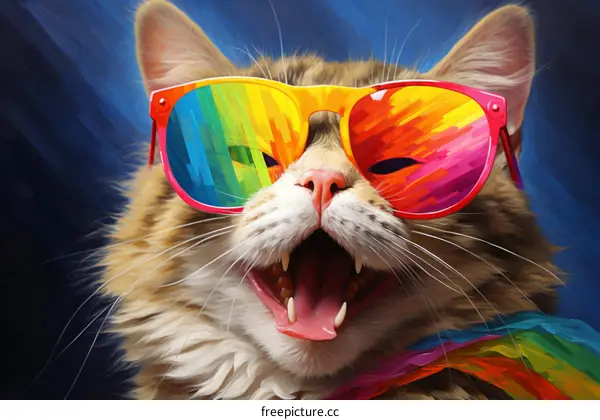 A ginger cat wearing rainbow sunglasses with its mouth wide open and a rainbow scarf around its neck