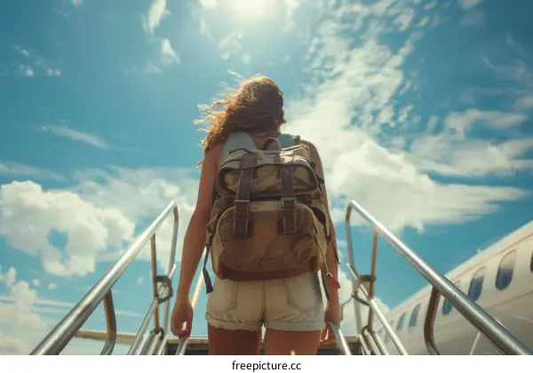 Young woman with backpack boarding airplane
