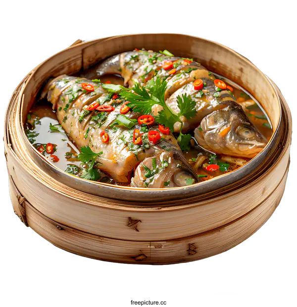 [Transparent Background PNG]steamed fish in bamboo steamer