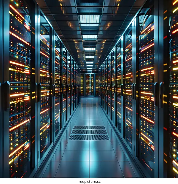 Server room with rows of server racks containing multiple server blades