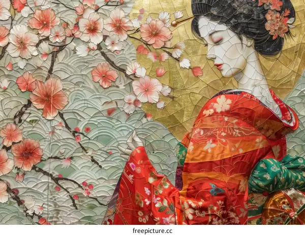 A Japanese woman in a red kimono stands in a field of cherry blossoms.