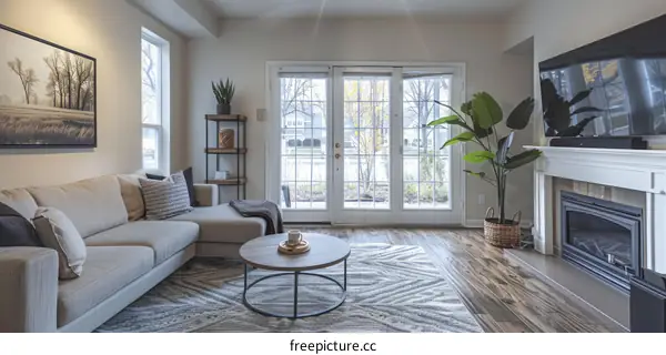 Inviting Living Room with Fireplace and Large Windows