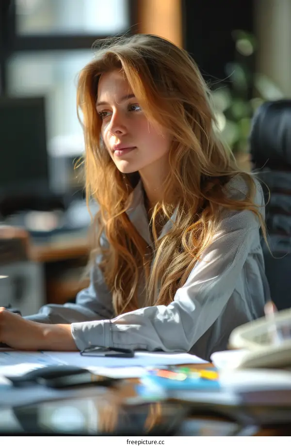 Focused Caucasian Woman at Workplace