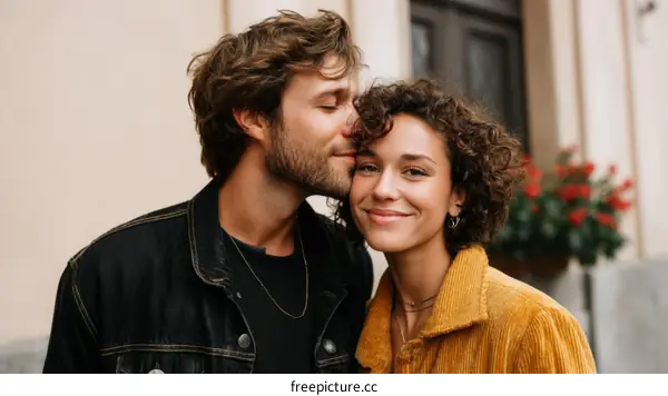 Couple Kissing Outdoors in Front of Building