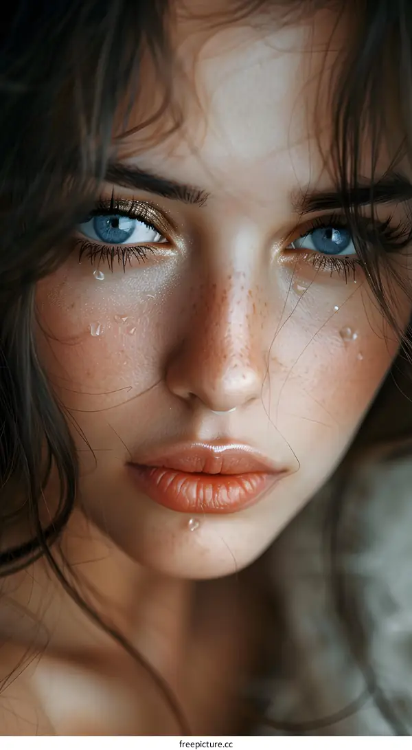 Portrait of a beautiful young woman with freckles and blue eyes