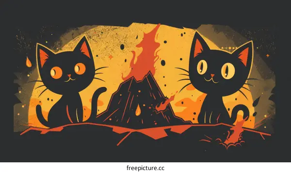 Two black cats are sitting on the edge of a cliff and looking at a volcano erupting in the distance.