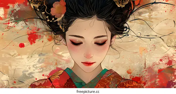 Japanese Woman With Red and Gold Kimono in Abstract Style