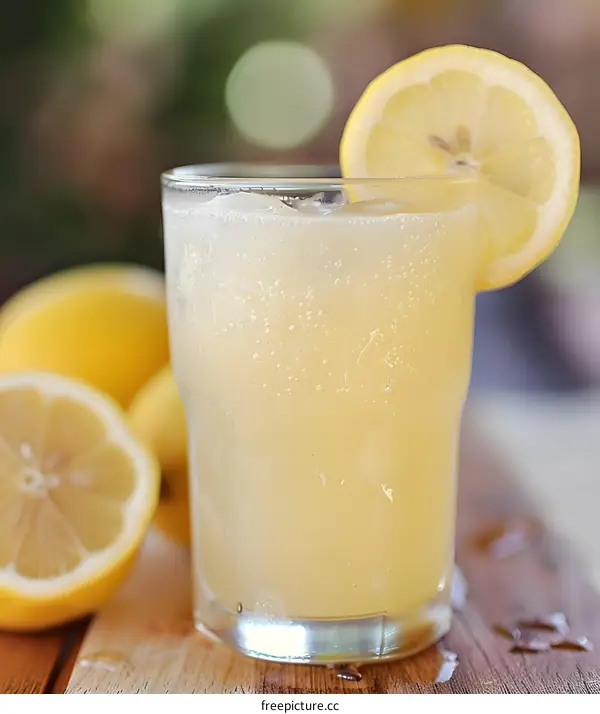 Glass of Lemonade with Lemon Slice on Wooden Table