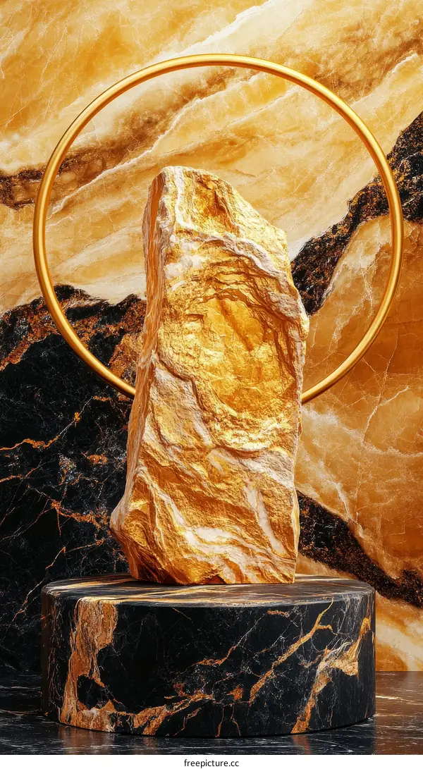 Golden Rock on Black Marble Pedestal
