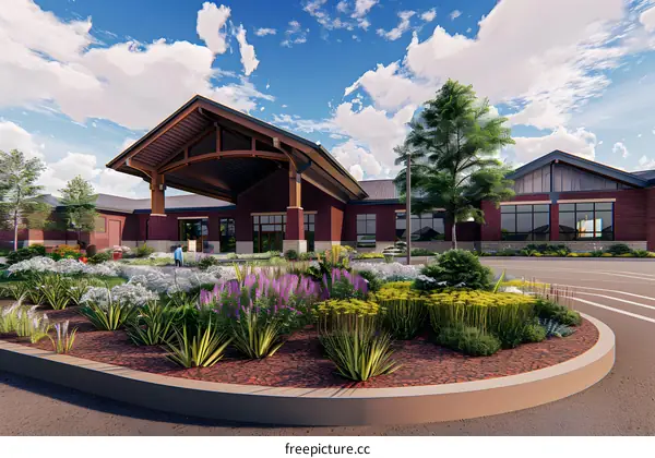 Modern Brick Building with Green Landscaping and a Person Walking